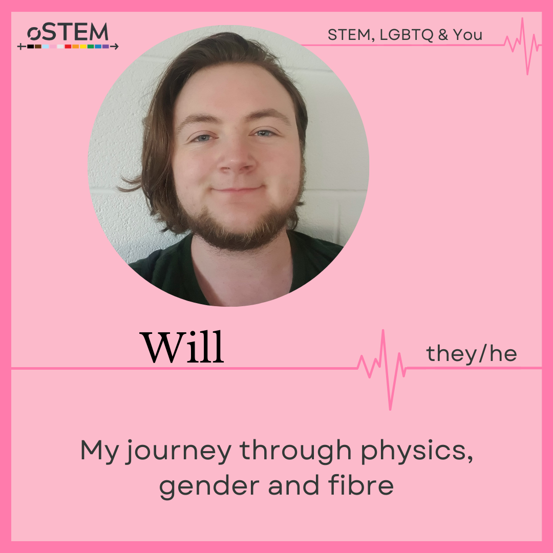 A photo of Will (they/he) smiling in front of a white brick wall on a pink background with dark pink border. My journey through physics, gender and fibre.