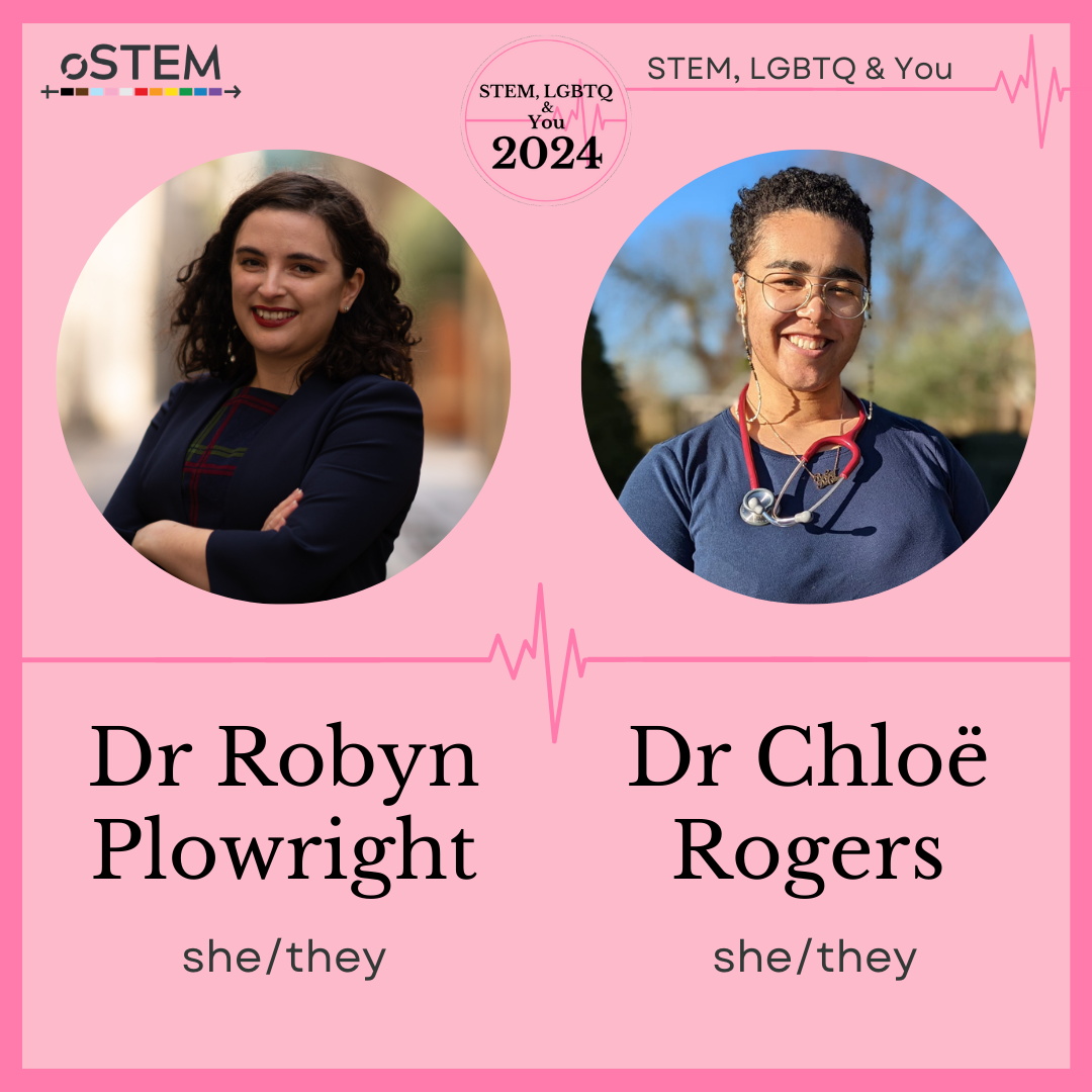 A pink background with a dark pink border. Left side circular image of Dr Robyn Plowright (she/they) with dark wavy hair, smiling and looking at the camera with arms crossed. Right side circular image of Dr Chloe Rogers (she/they) with short hair and glasses and a stethoscope around her neck.