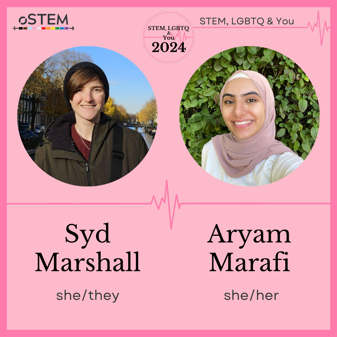 A pink background with a dark pink border. Left side circular image of Syd Marshall (she/they) wearing a black beanie and a green jacket. Right side circular image of Aryam Marafi (she/her) wearing a pink headscarf and smiling.