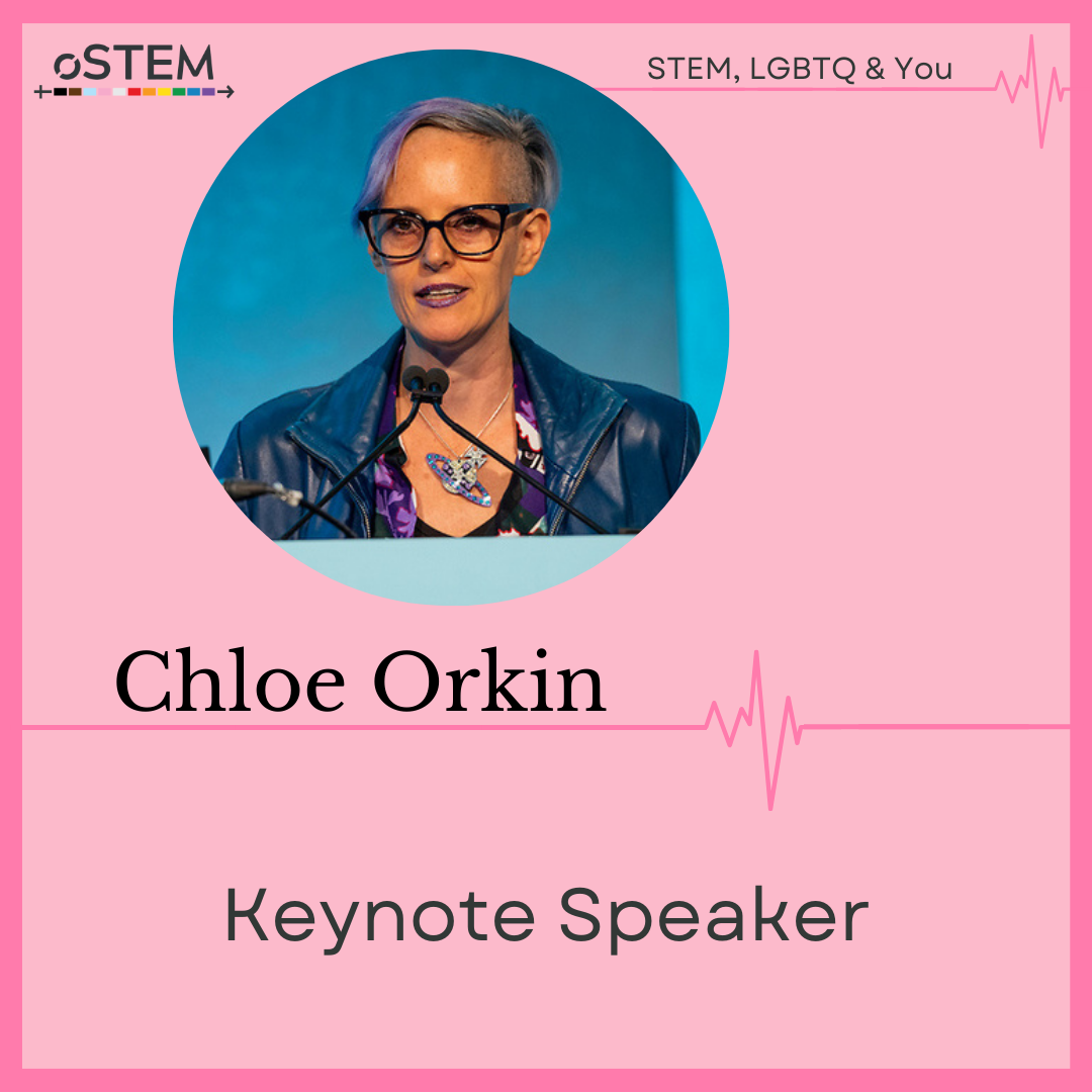 A photo of Chloe Orkin (she/her) standing in front of a microphone, wearing glasses and a blue jacket, on a pink background with dark pink border. Keynote speaker.