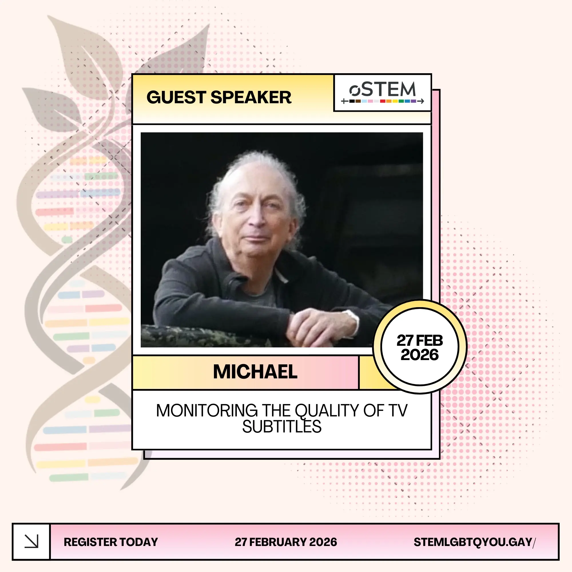A speaker card for Michael (they/them). The title of the talk is 'Monitoring the quality of TV subtitles'. There is a photo of Michael, There is a photo of Michael leaning forward against a railing, with grey hair and wearing a grey t-shirt and dark grey hoodie. They are smiling and looking into the camera with their hands together on the railing.