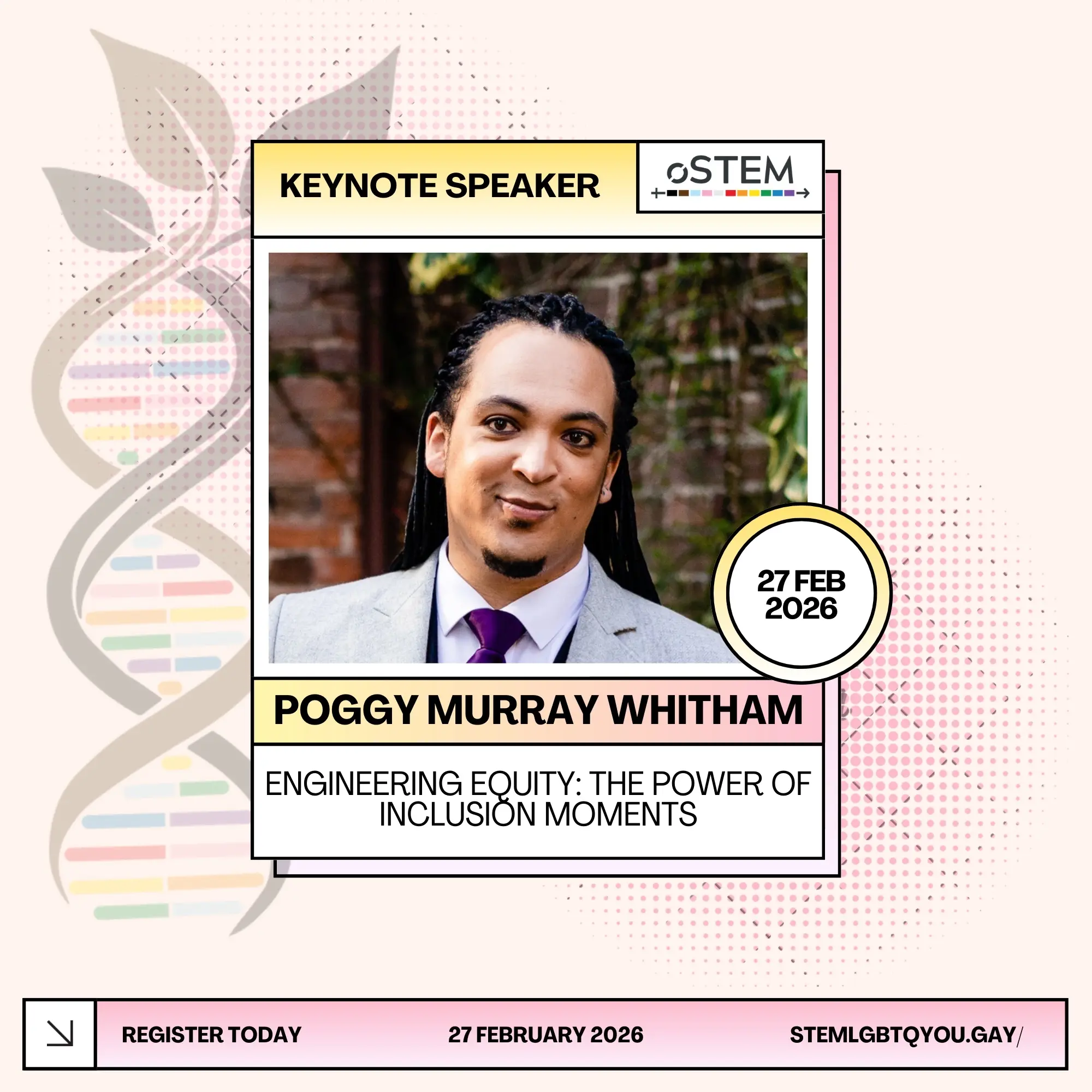 A photo of Poggy Murray Whitham, the keynote speaker of the 2026 conference. A speaker card for Poggy Murray Whitham (Pronouns not included). The photo includes a speaker card with a photo of Poggy, wearing a grey suit and a purple tie and hair in dreadlocks