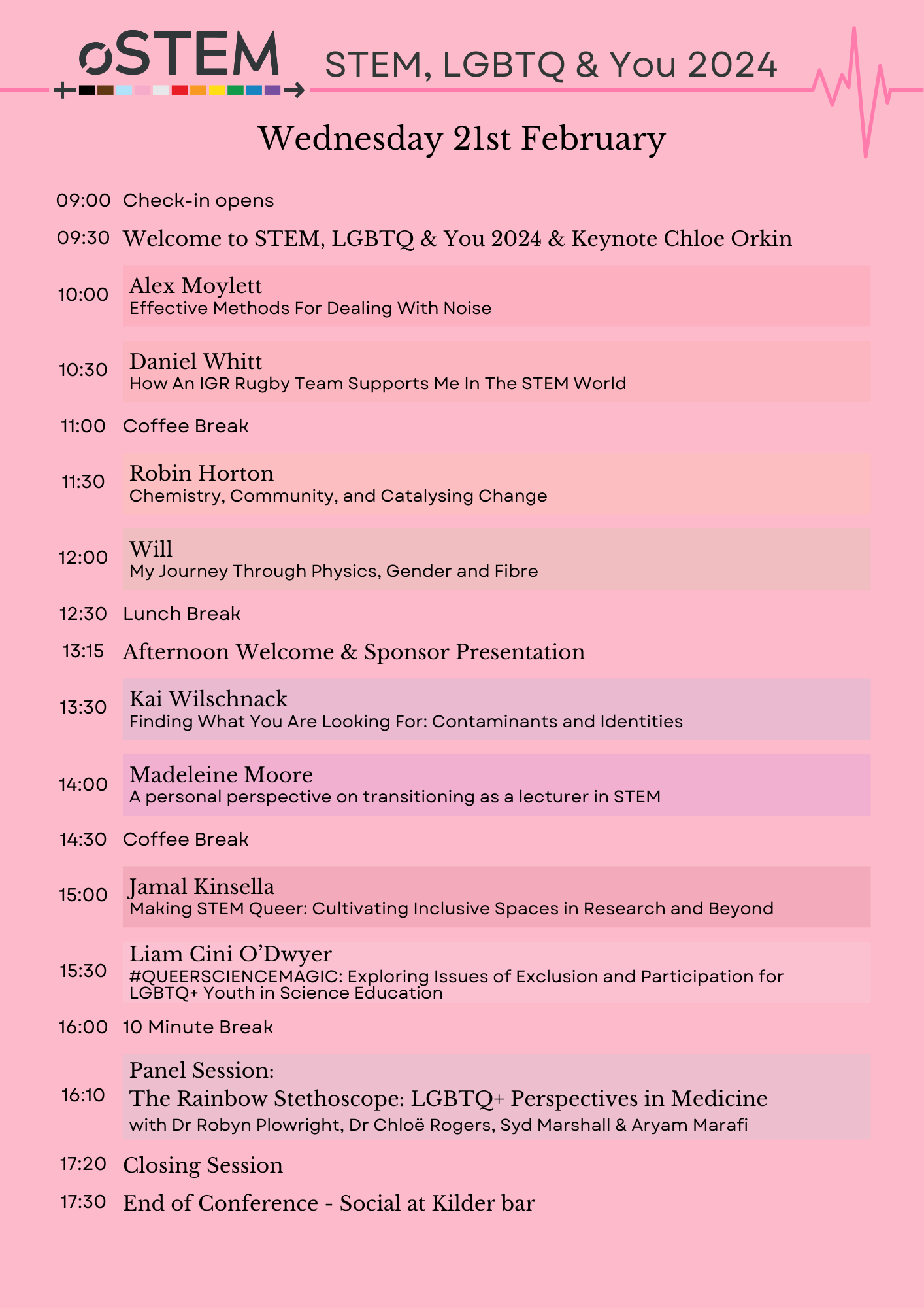 The schedule for STEM, LGBTQ & You 2024. Click this image to access a PDF copy of this image.