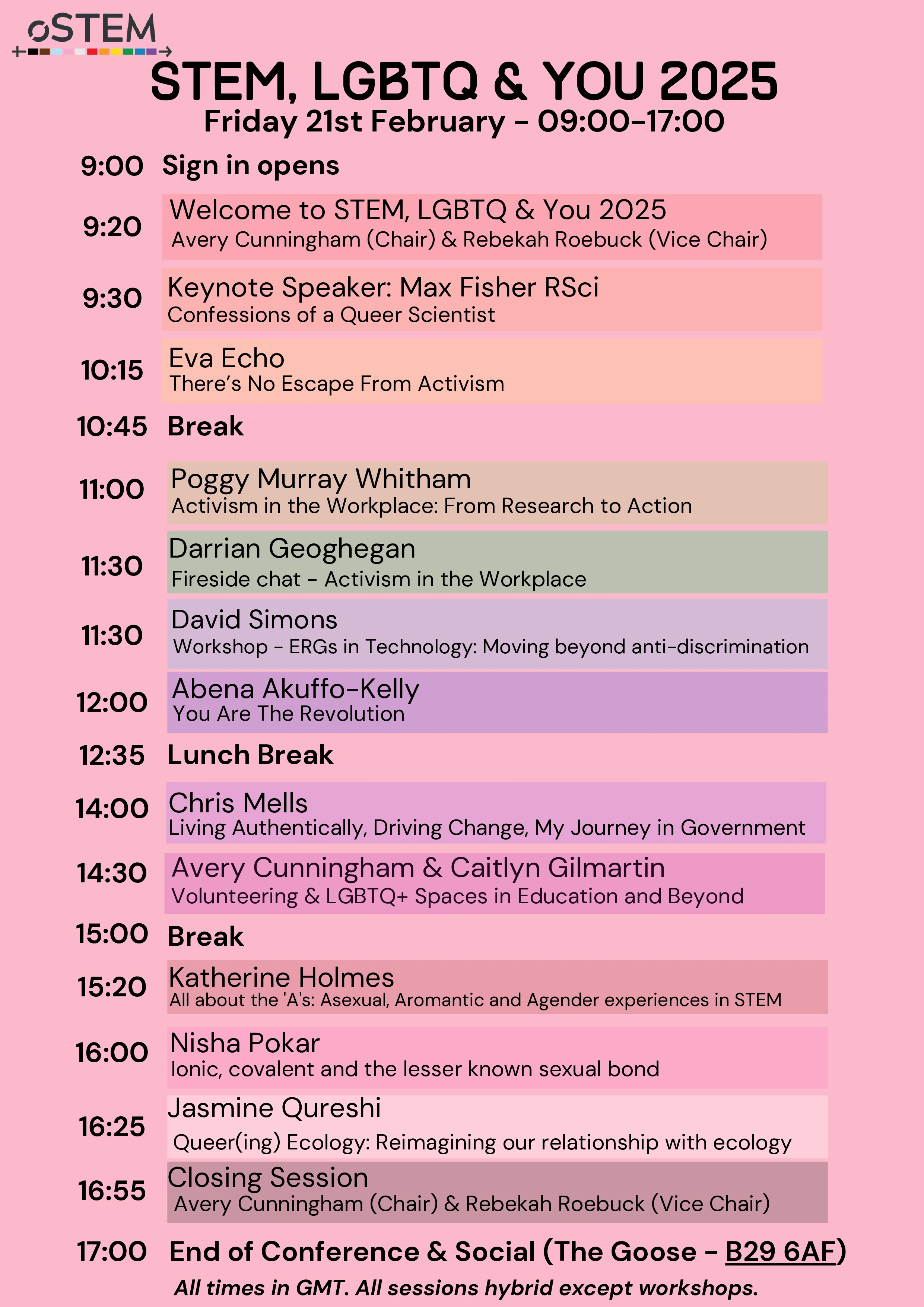 The schedule for STEM, LGBTQ & You 2025. Click this image to access a PDF copy of this image.