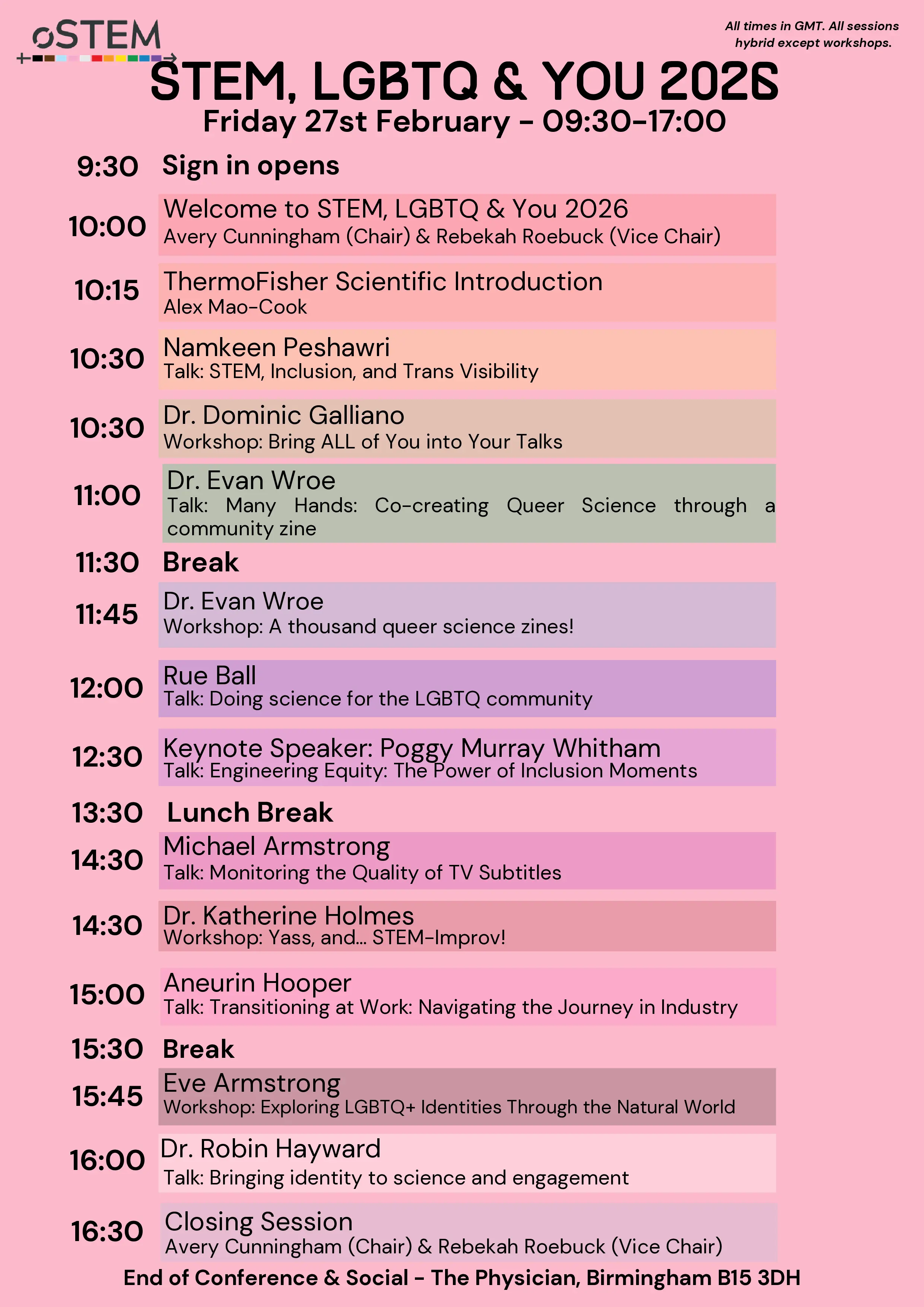 The schedule for STEM, LGBTQ & You 2026. Click this image to access a PDF copy of this image.